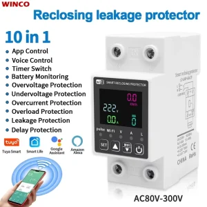 TUYA WiFi Smart Circuit Breaker AC63A Auto Reclosing Relay Din Rail Switch Electric Consumption Meter Over Voltage Protect