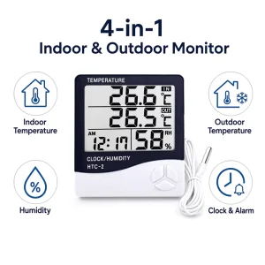 Temperature Humidity Meter with Alarm Clock, Indoor/Outdoor Monitoring, and External Sensor Probe