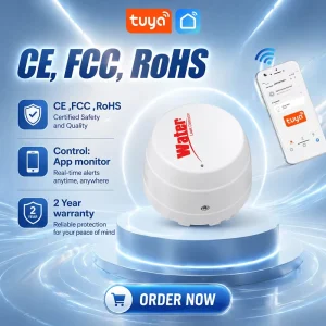 Tuya WiFi Water Leak Sensor with CE FCC RoHS OEM ODM Manufactuer Floor Ground Smart Flood Alarm Detector PST-SQ400B