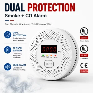 UL Certified 2 in 1 Smoke and Carbon Monoxide Alarm 10 Year Battery with LCD Display and 85dB Sound for Home Security