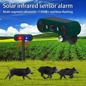 Upgraded IP55 Outdoor Ultrasonic Solar Infrared Sensor Alarm 129dB Loud Red Blue Flashing Light Motion Detector for Home