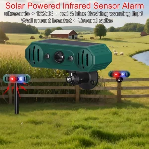 Upgraded Solar Motion Sensor Alarm Solar Infrared Induction 129dB Sounds Red Blue Flashing Light Solar Repellent