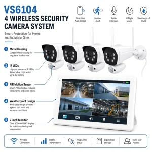 VS6104 Wireless Home Security Camera System with 2K Touchscreen Display AI Motion Detection and 64GB SD Card