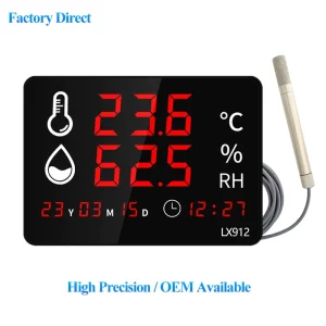 Wall-Mounted Digital Temperature and Humidity Monitor with Backlight LED Display, Clock, 220V, for Factory and Warehouse