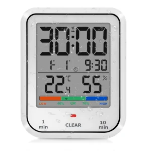 Waterproof Metal Digital Timer and Alarm Clock With Temperature and Humidity Monitoring, LCD Display, and Battery Power