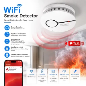 WiFi Smoke Detector Fire Alarm Sensor 90dB Sound Red Light Alert 2.4GHz App Push Notification Battery Powered