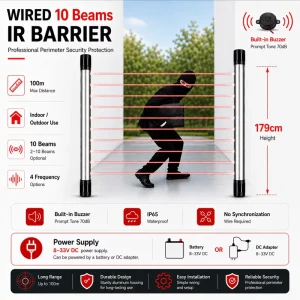Wired 10-Beam Active Infrared ABS IP65 Waterproof Barrier Detector Strobe Alarm